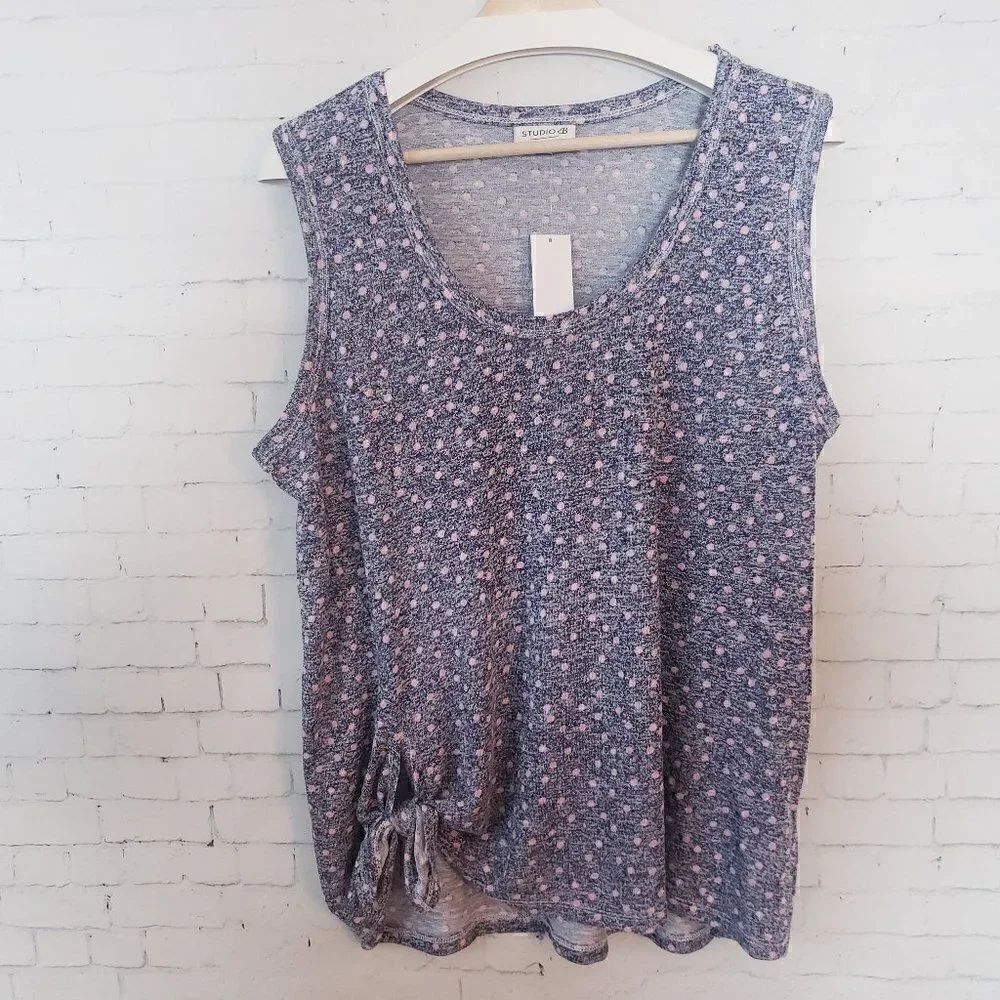 Studio B By Bobeau U Neck Scoop Neck Top Plus Size 1X Blue Pink Polka Dot NEW